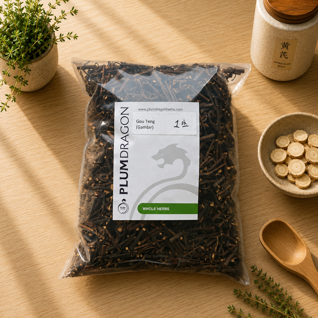 1 lb. Gou Teng Herb in Plum Dragon packaging on apothecary counter