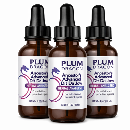 Three bottles of Plum Dragon Ancestor's Advanced Dit Da Jow on a white background