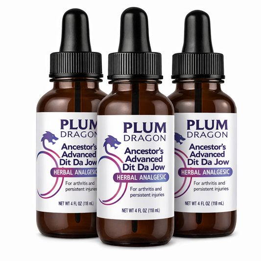 Three bottles of Plum Dragon Ancestor's Advanced Dit Da Jow on a white background