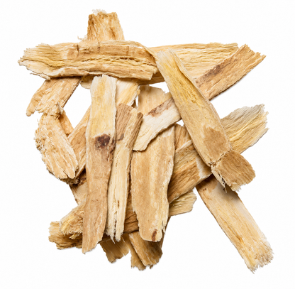 Stack of dried Haung Qi (Astragalus Root) pieces on a white background