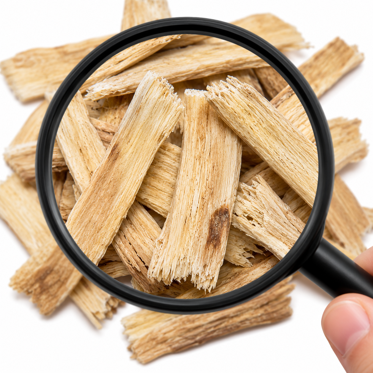Magnifying glass showing close up of pile of dried Astragalus root (Huang Qi) on a white background