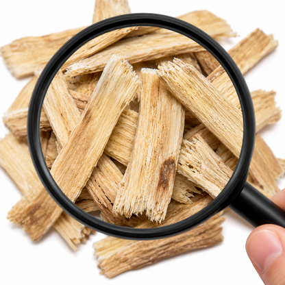 Magnifying glass showing close up of pile of dried Astragalus root (Huang Qi) on a white background