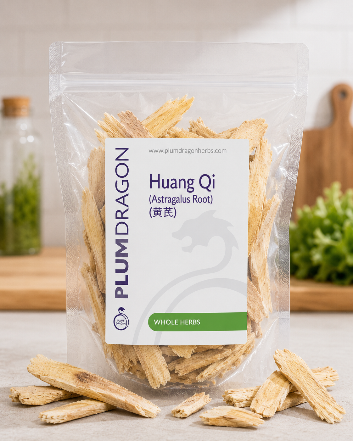 Packaged Huang Qi (Dried Astragalus Root) with Plum Dragon Herbs label on a neutral background