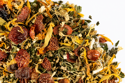 Close-up of a Immuni-Tea herbal blend on a white background