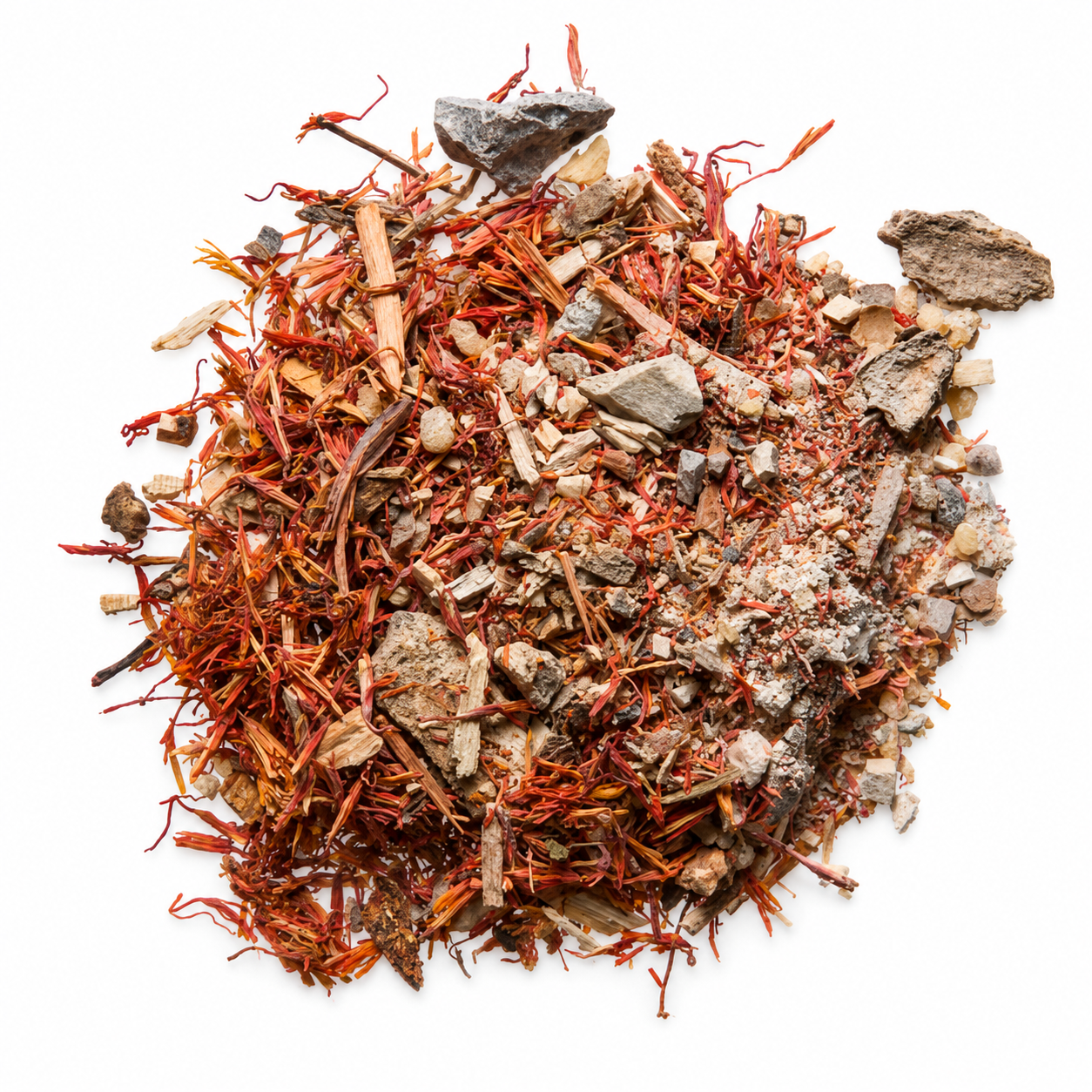 Pile of Ku Yu Cheong Dit Da Jow herbs on white background