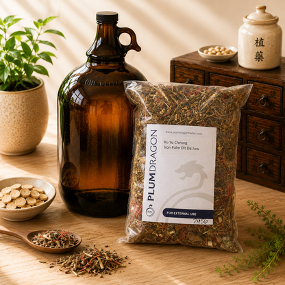 Ku Yu Cheong Iron Palm Dit Da Jow Herb Kit with 1 Gallon Jug on apothecary counter
