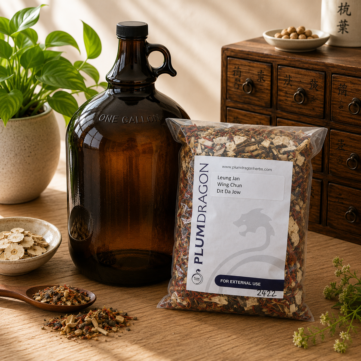 Leung Jan Wing Chun Dit Da Jow Herbs with 1 Gallon Jug on apothecary counter