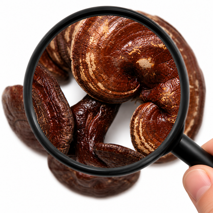 Magnifying glass showing close up of dried ling zhi (Reishi mushroom) on a white background