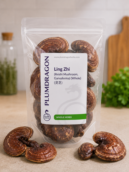 Packaged Ling Zhi (whole) reishi mushrooms with Plum Dragon label on a neutral background