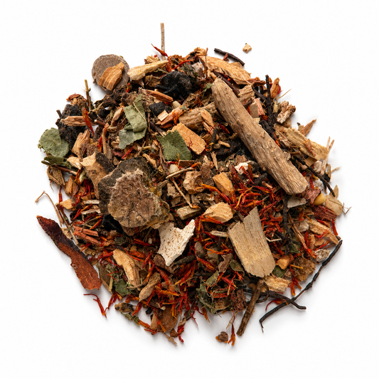 Pile of Lou Family Die Da Jiu Fang herbs on white background