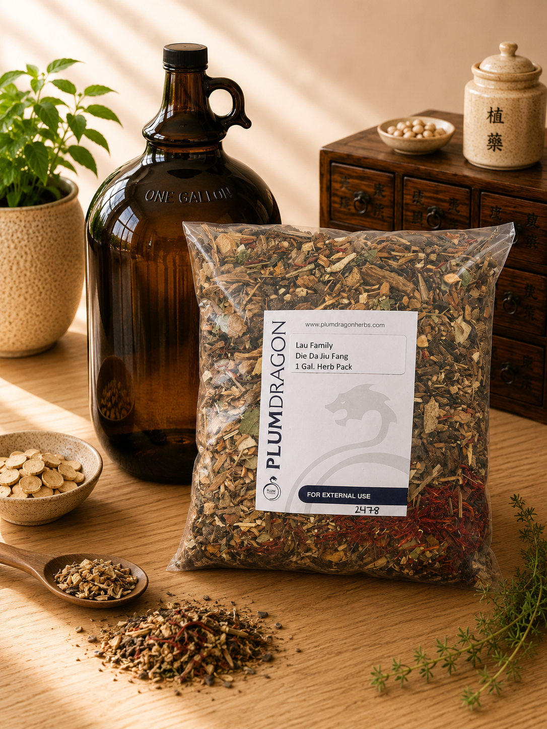 Lou Family Die Da Jiu Fang Herb Kit with 1 Gallon Amber Glass Jug on apothecary Counter