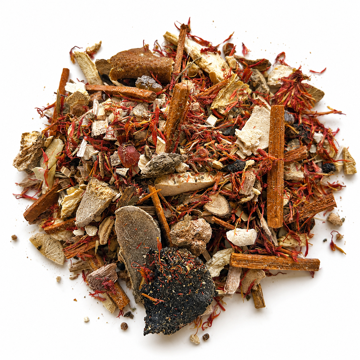Pile of Leung Jan Wing Chun Dit Da Jow Herbs on white background