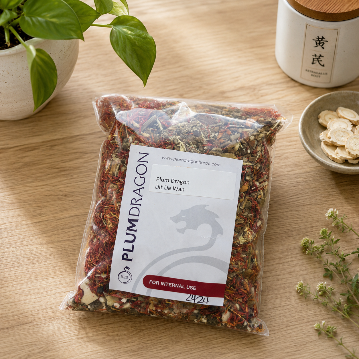 Plum Dragon Dit Da Wan Herb Kit Package on apothecary counter