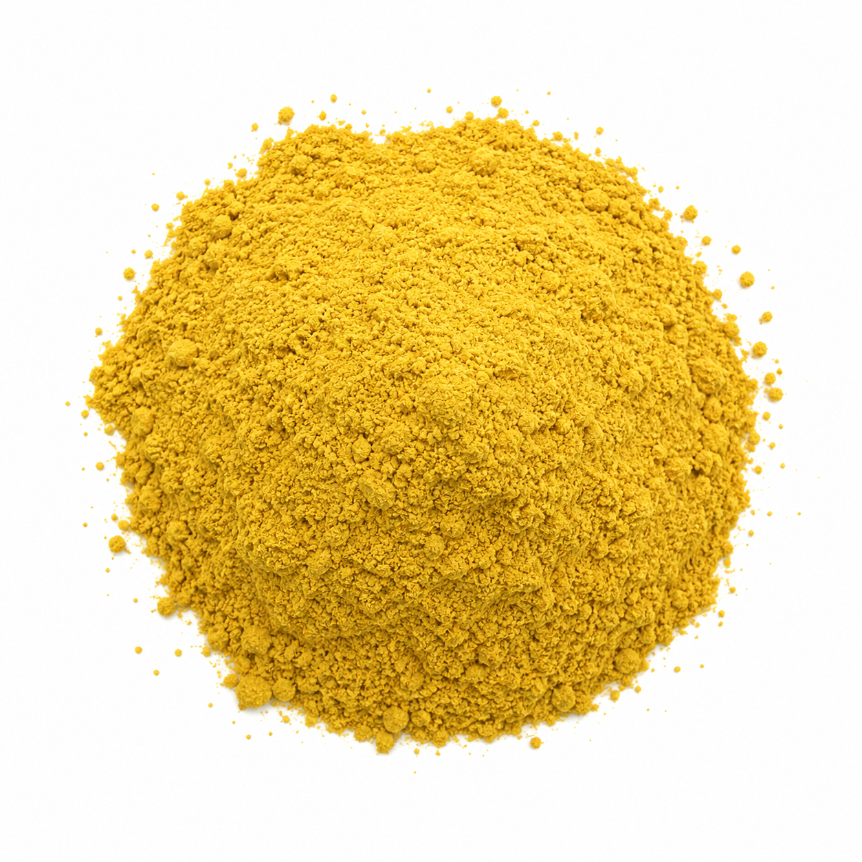 A mound of bright yellow powder, Pu Huang (Premium Cattail Pollen), photographed from directly above on a plain white background.