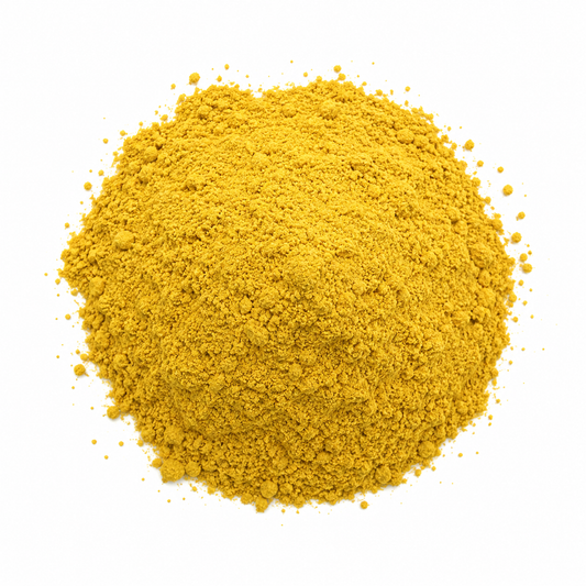 A mound of bright yellow powder, Pu Huang (Premium Cattail Pollen), photographed from directly above on a plain white background.