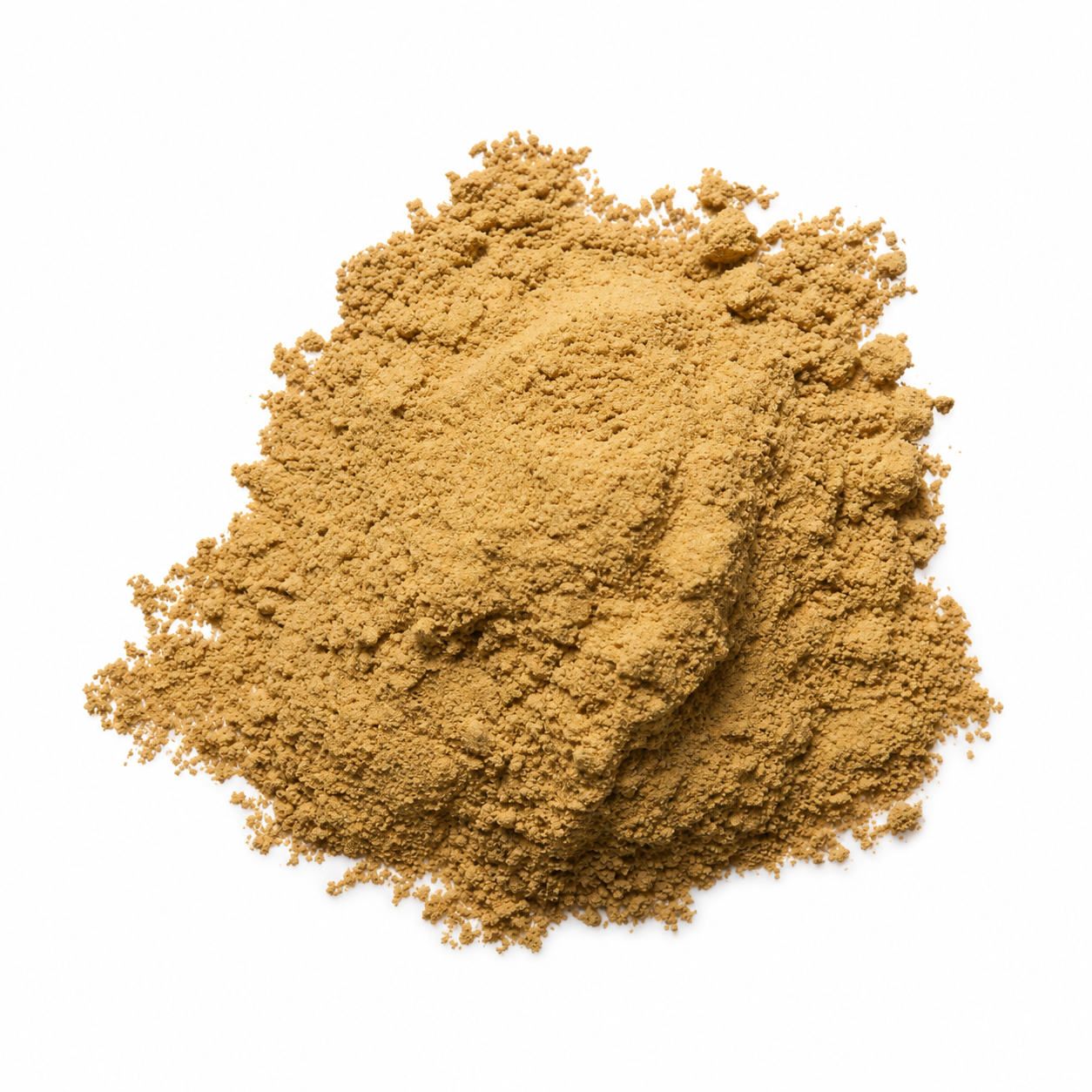 A mound of fine golden-brown powder, Pu Huang (Grade 2 Cattail Pollen) photographed on a clean white background.