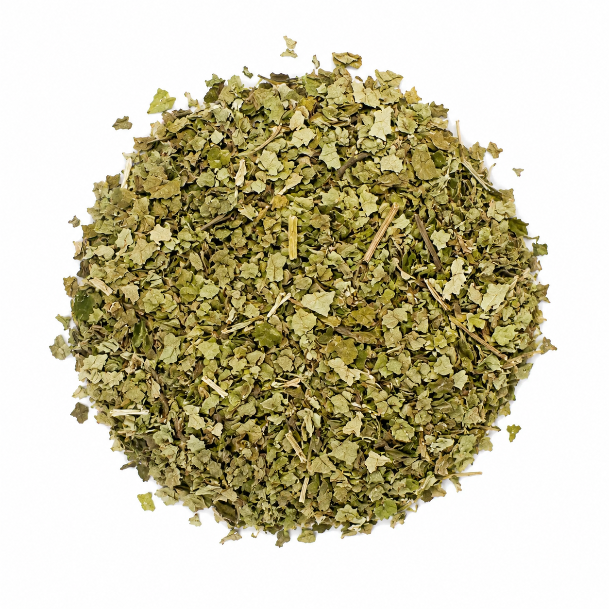 Pile of cut and sifted raspberry leaf tea on white background