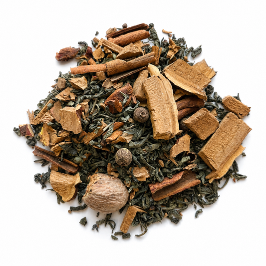 Pile of Reishi-Green Chai Tea on white background