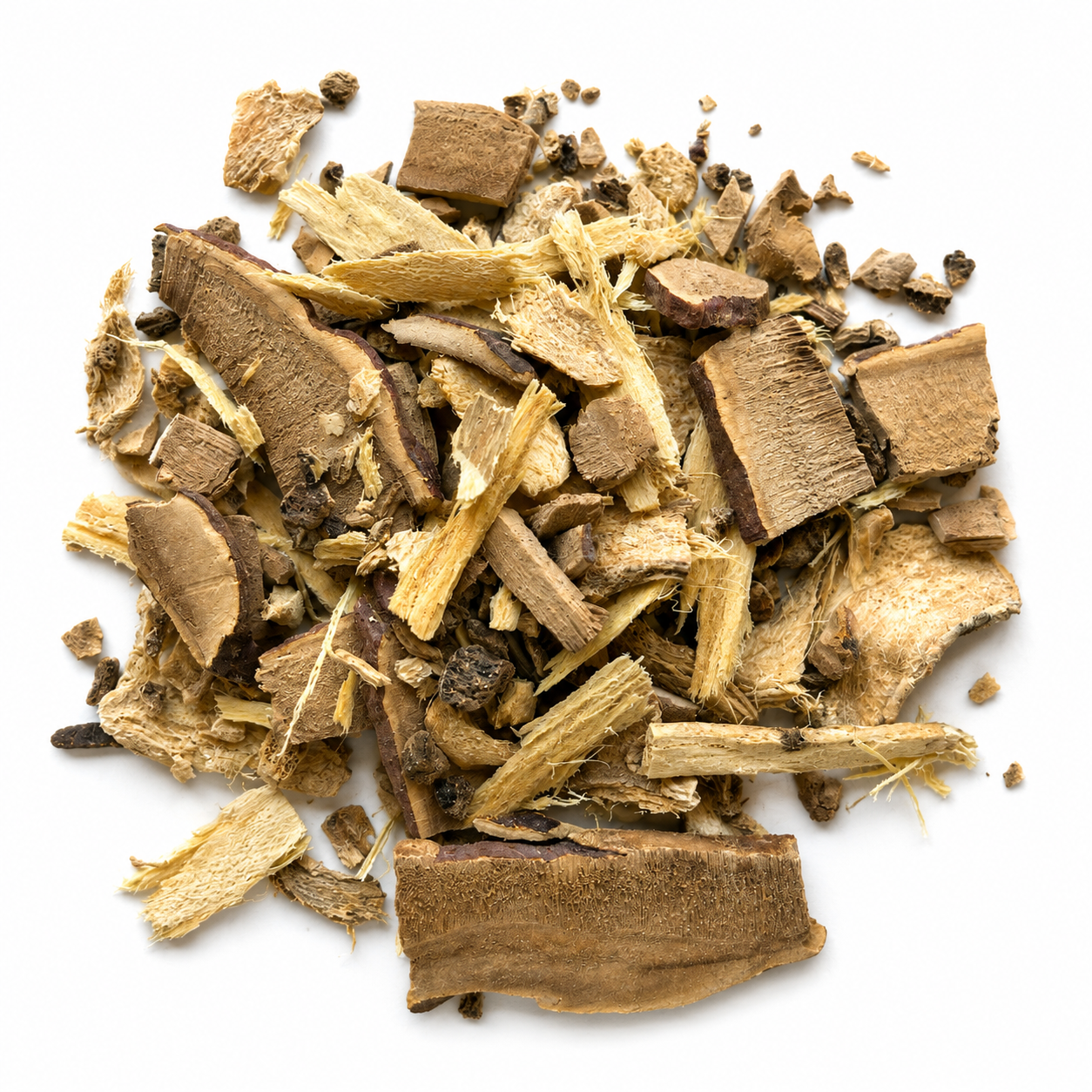 Pile of Reishi and Astragalus Chai Training Tea on white background