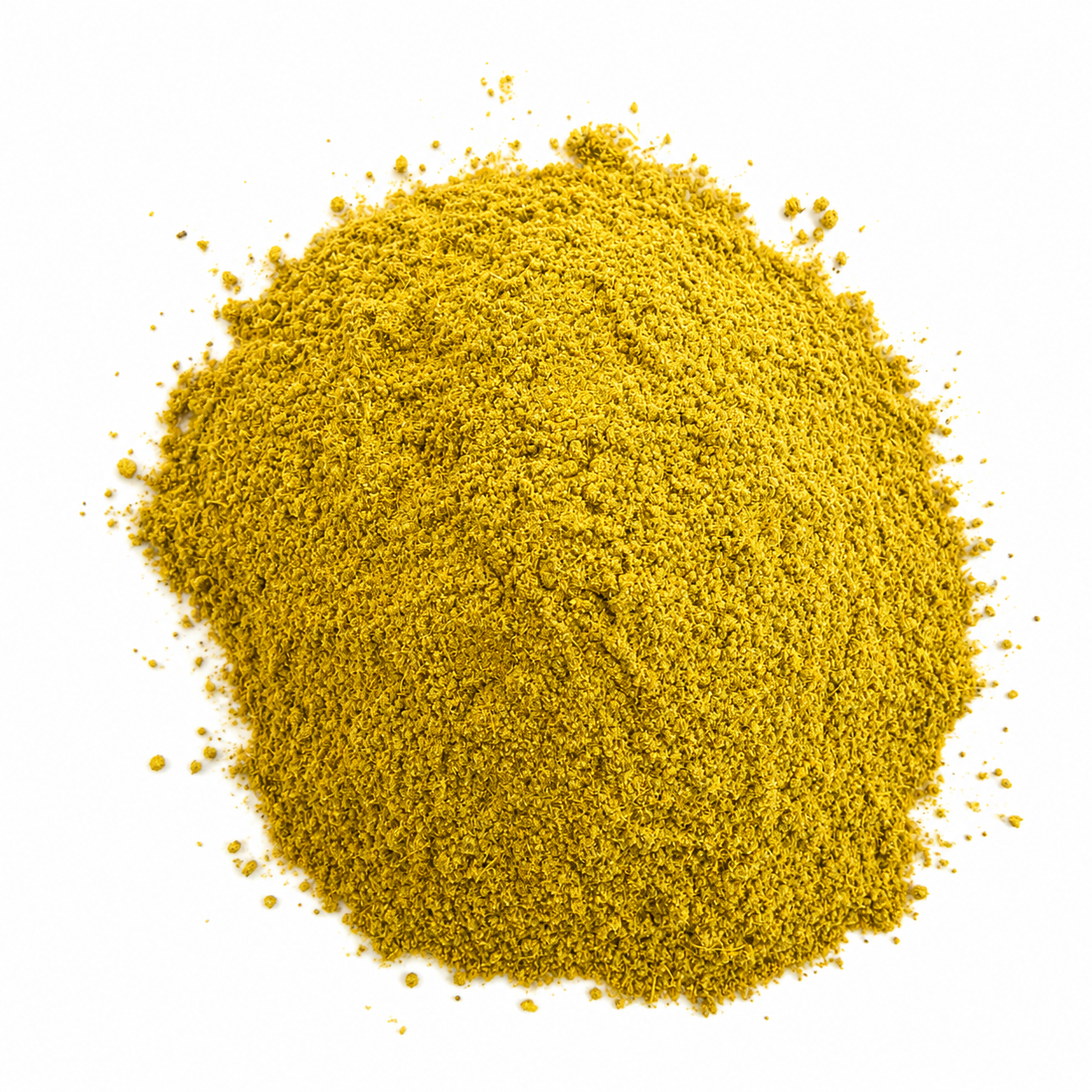 A mound of fine yellow-brown San Huang San powder, photographed from directly above on a plain white background.