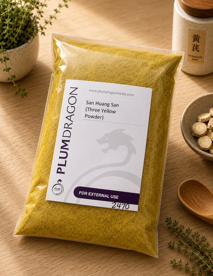 San Huang San (Three Yellow Powder) in Plum Dragon packaging on apothecary counter