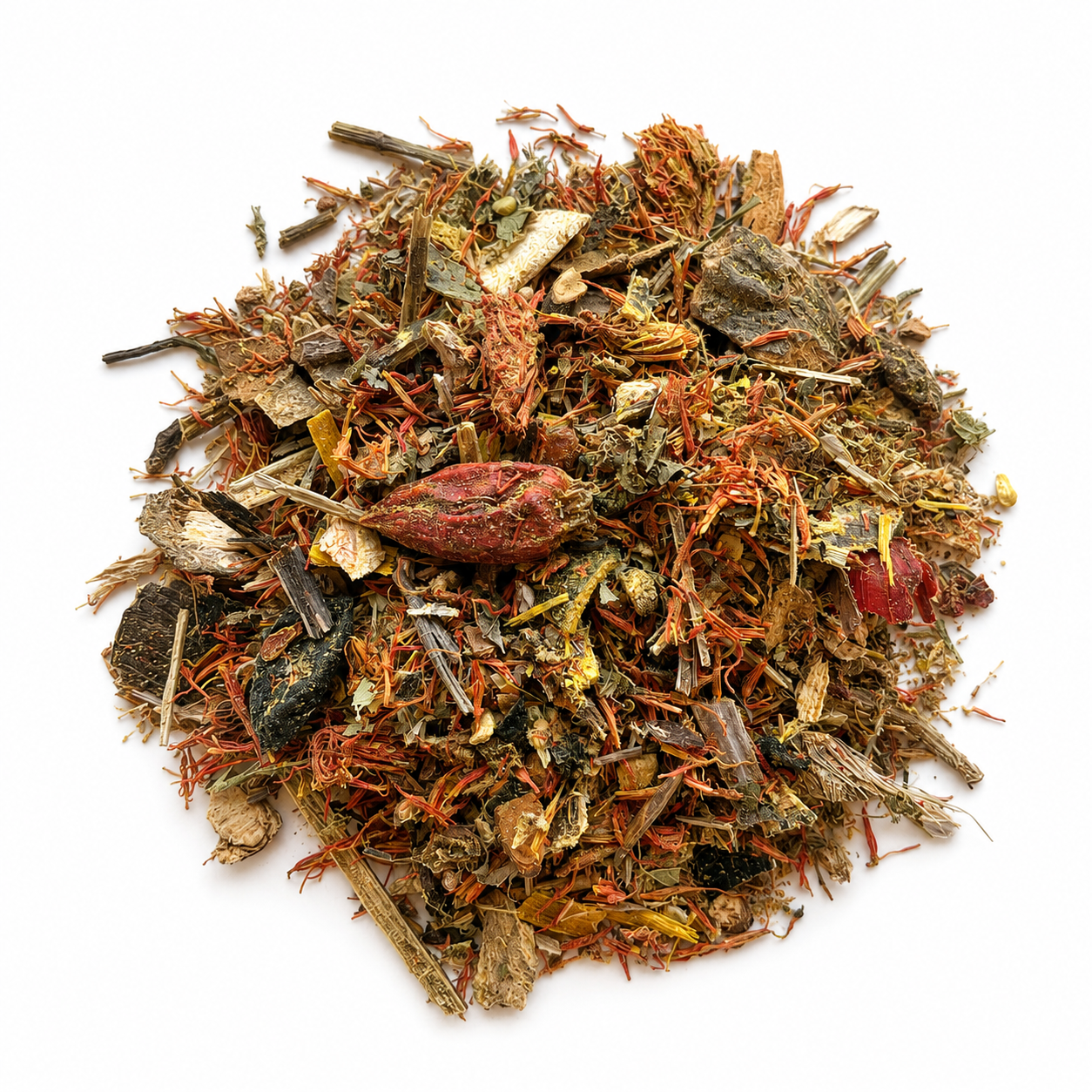 Pile of Shaolin Fukien Iron Palm Dit Da Jow  herbs on white background
