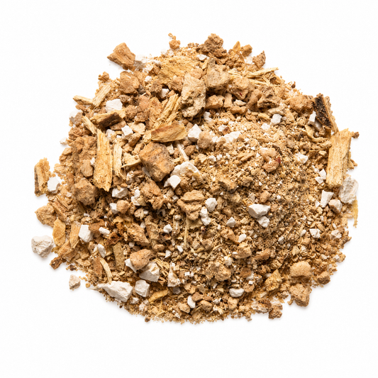 Pile of Si Jun Zi Tang herbs on white background