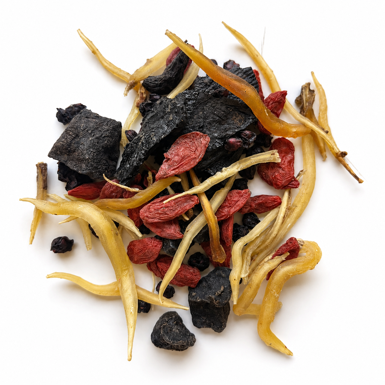 Pile of Super Antioxidant Longevi-Tea herbs on white background