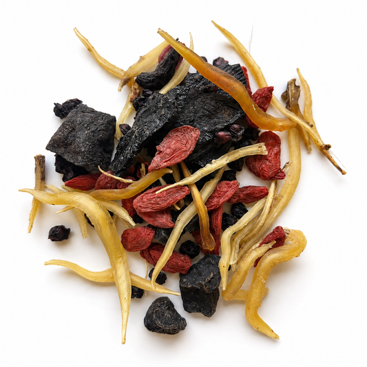 Pile of Super Antioxidant Longevi-Tea herbs on white background