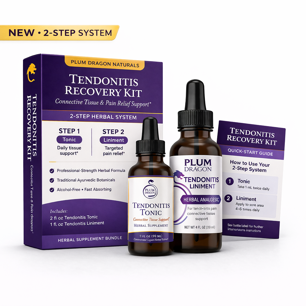 Plum Dragon Herbs Tendonitis Recovery Kit with tonic and liniment bottles on a white background
