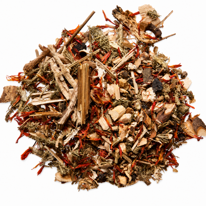 Warming herbal foot soak herbs on white background