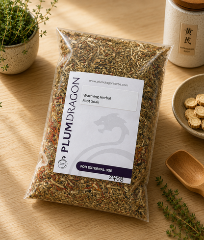 Warming Herbal Foot Soak in Plum Dragon  packaging on apothecary counter