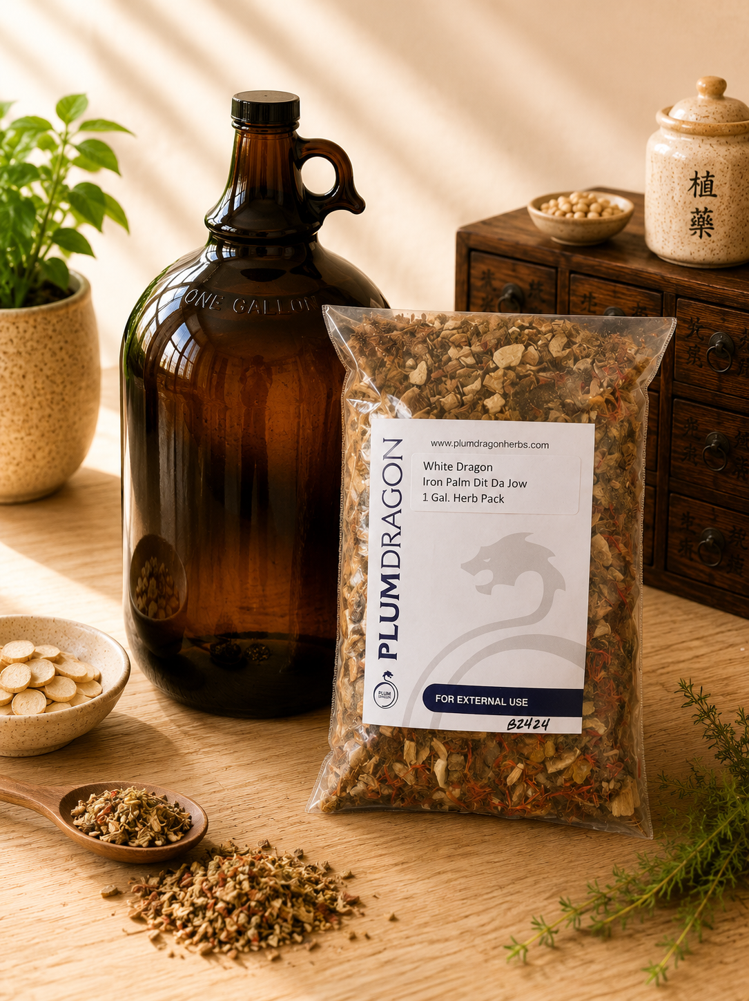 White Dragon Iron Palm Dit Da Jow Herb Kit with 1 Gallon Jug on apothecary counter