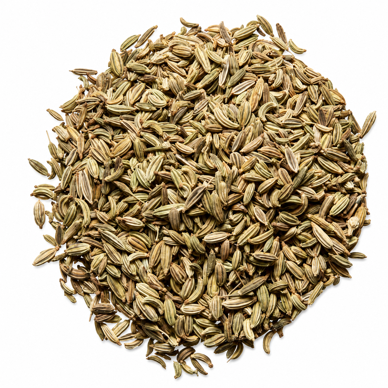 Pile of Xiao Hui Xiang (fennel seeds) on a white background