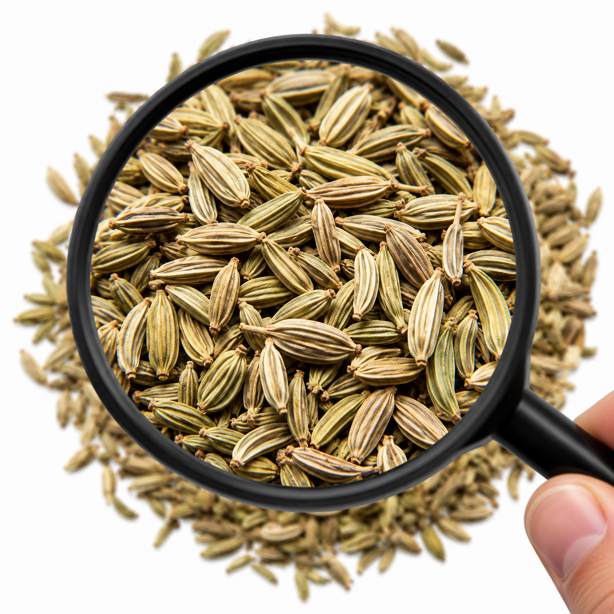 Magnifying glass over a pile of xiao hui xiang (fennel seeds0 on a white background