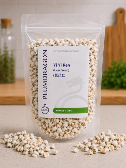 Packaged Yi Yi Ren (Coix Seed) with Plum Dragon branding on a neutral background