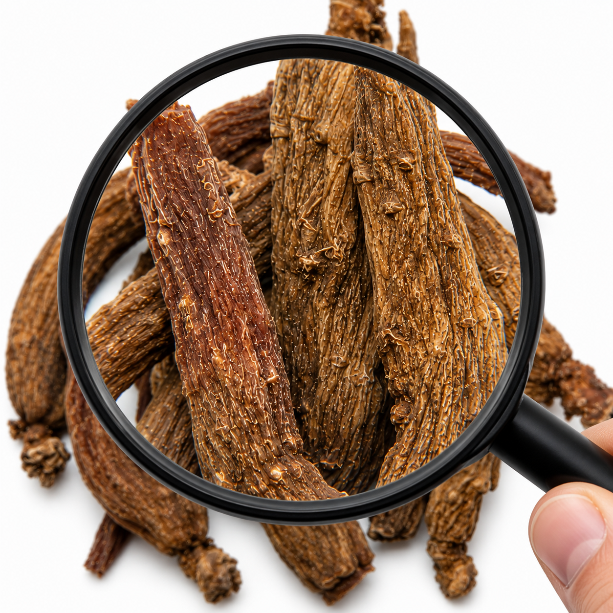 Magnifying glass showing close up of dried red ginseng roots on a white background