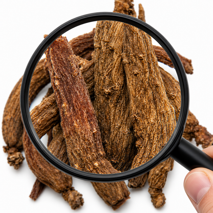Magnifying glass showing close up of dried red ginseng roots on a white background
