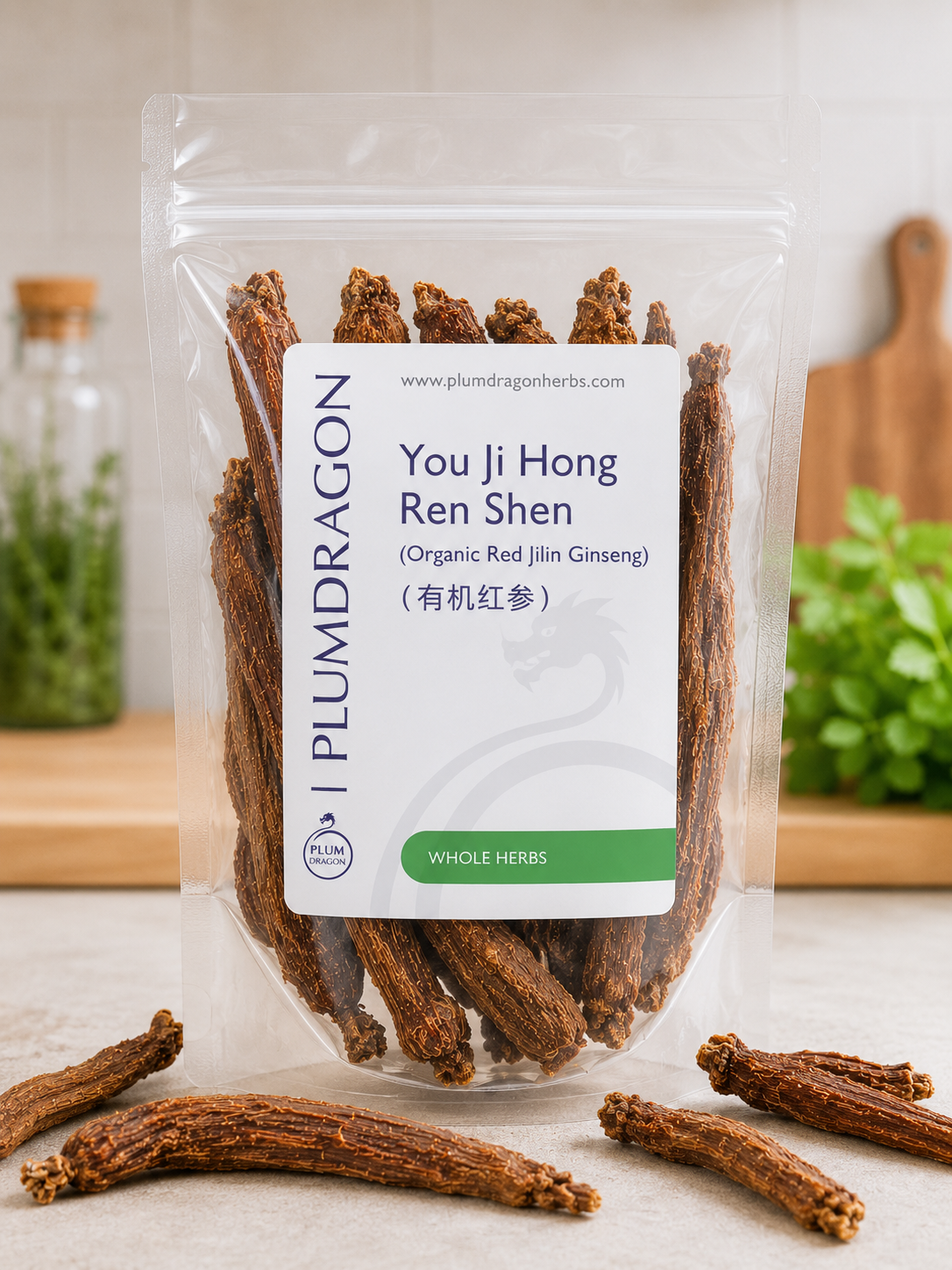 Packaged organic ren shen red ginseng with Plum Dragon label on a neutral background