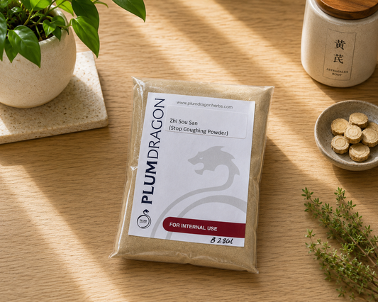 Zhi Sou San powder in Plum Dragon package on apothecary counter