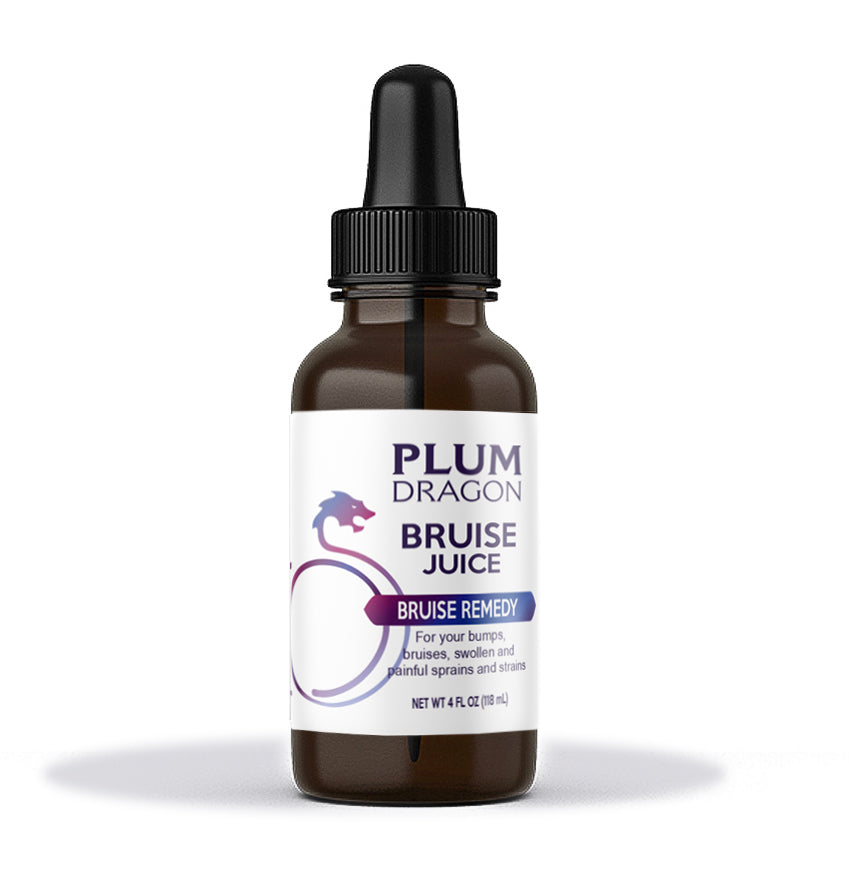 A bottle of Plum Dragon Bruise Juice, with a label that includes the product name and a brief description.
