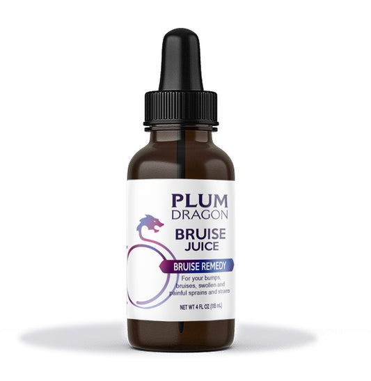 A bottle of Plum Dragon Bruise Juice, with a label that includes the product name and a brief description.